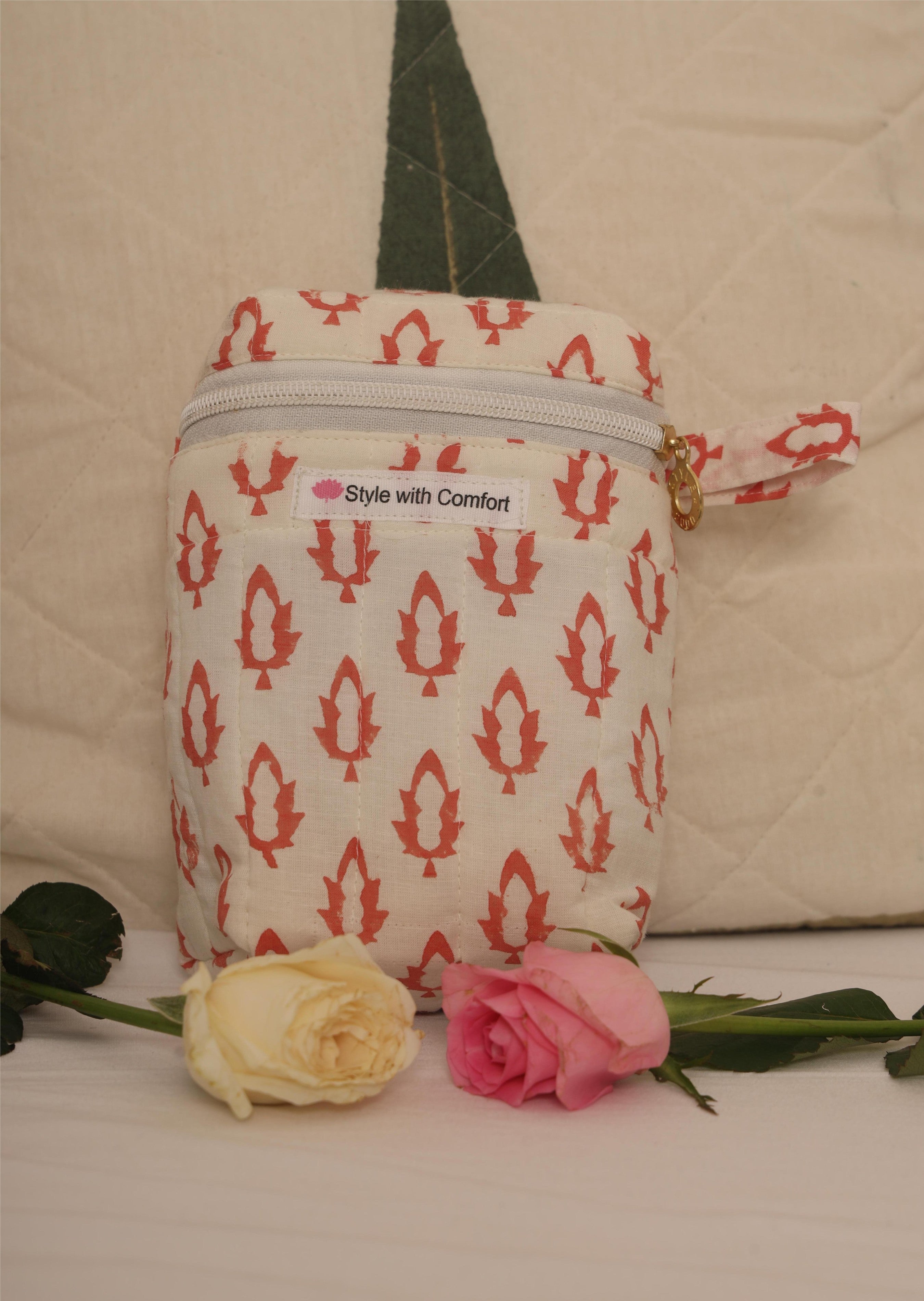 Handblock Cotton Quilted Vanity Pouch – Coral Motif