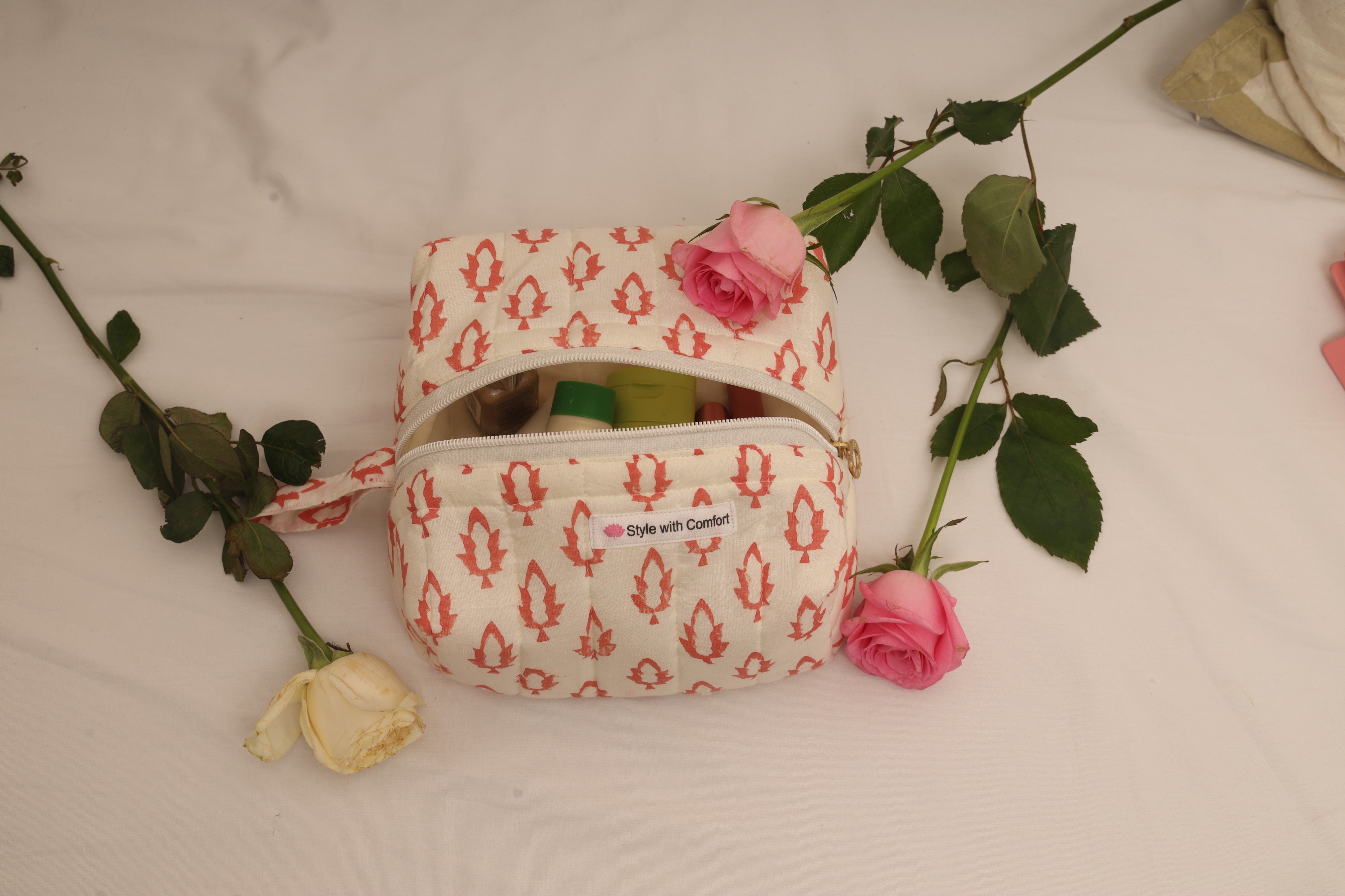 Handblock Cotton Quilted Toiletry Pouch – Travel Makeup & Cosmetic Organizer