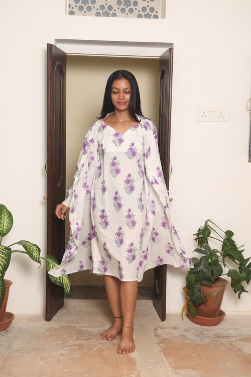 🌸 Handblock Cotton Robe – Purple Floral Print Kimono | Lightweight Dressing Gown