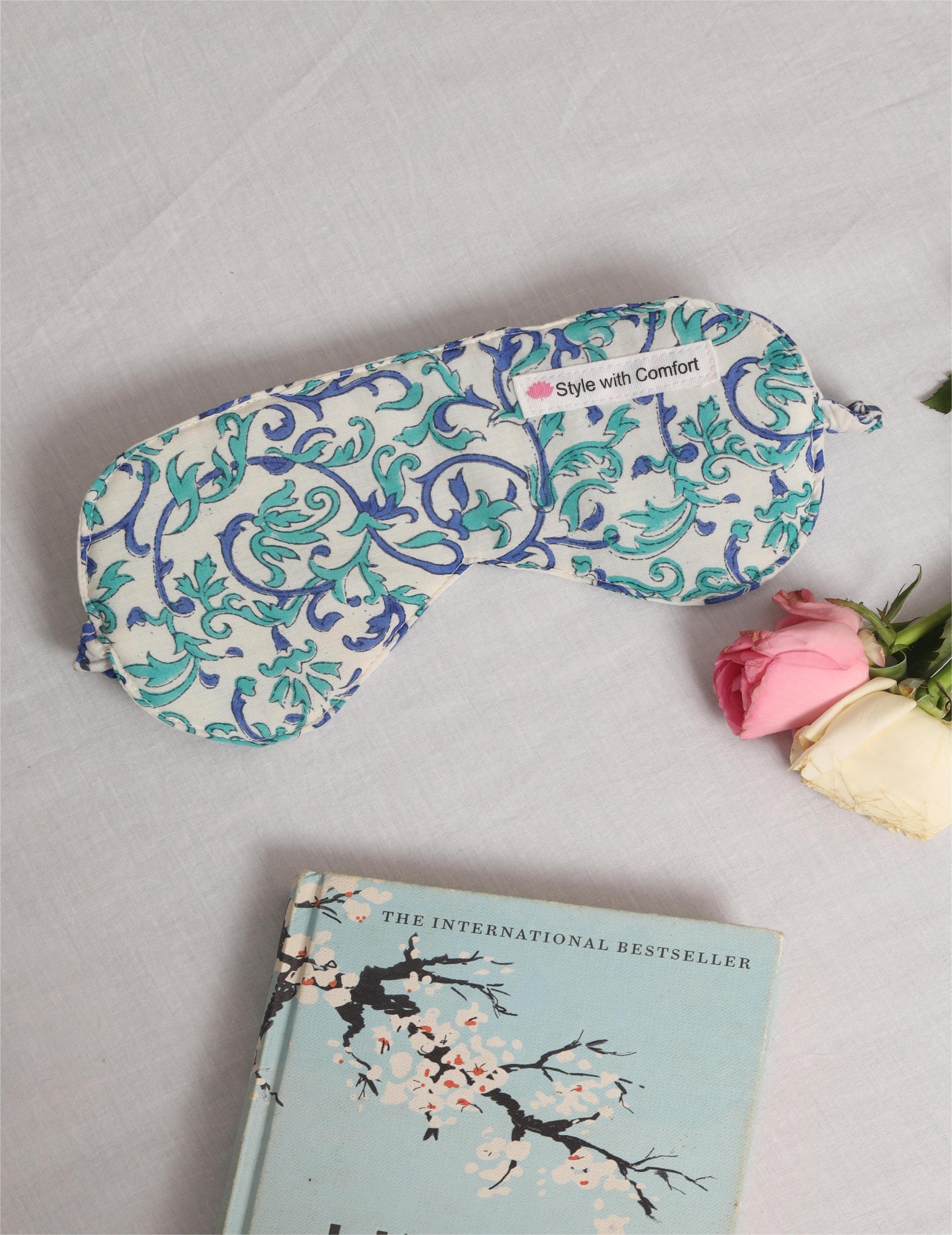 Travel-Friendly Cotton Sleep Eye Mask – Aqua Scroll