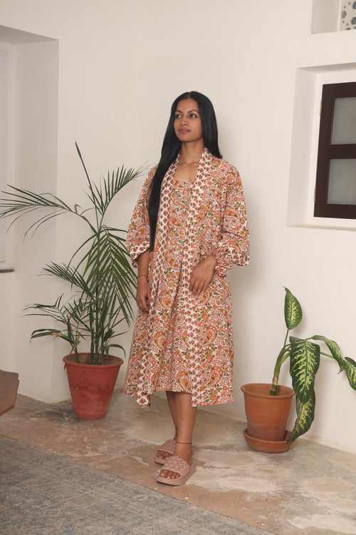 Handblock Cotton Robe – Floral Paisley Print | Lightweight Kimono Dressing Gown