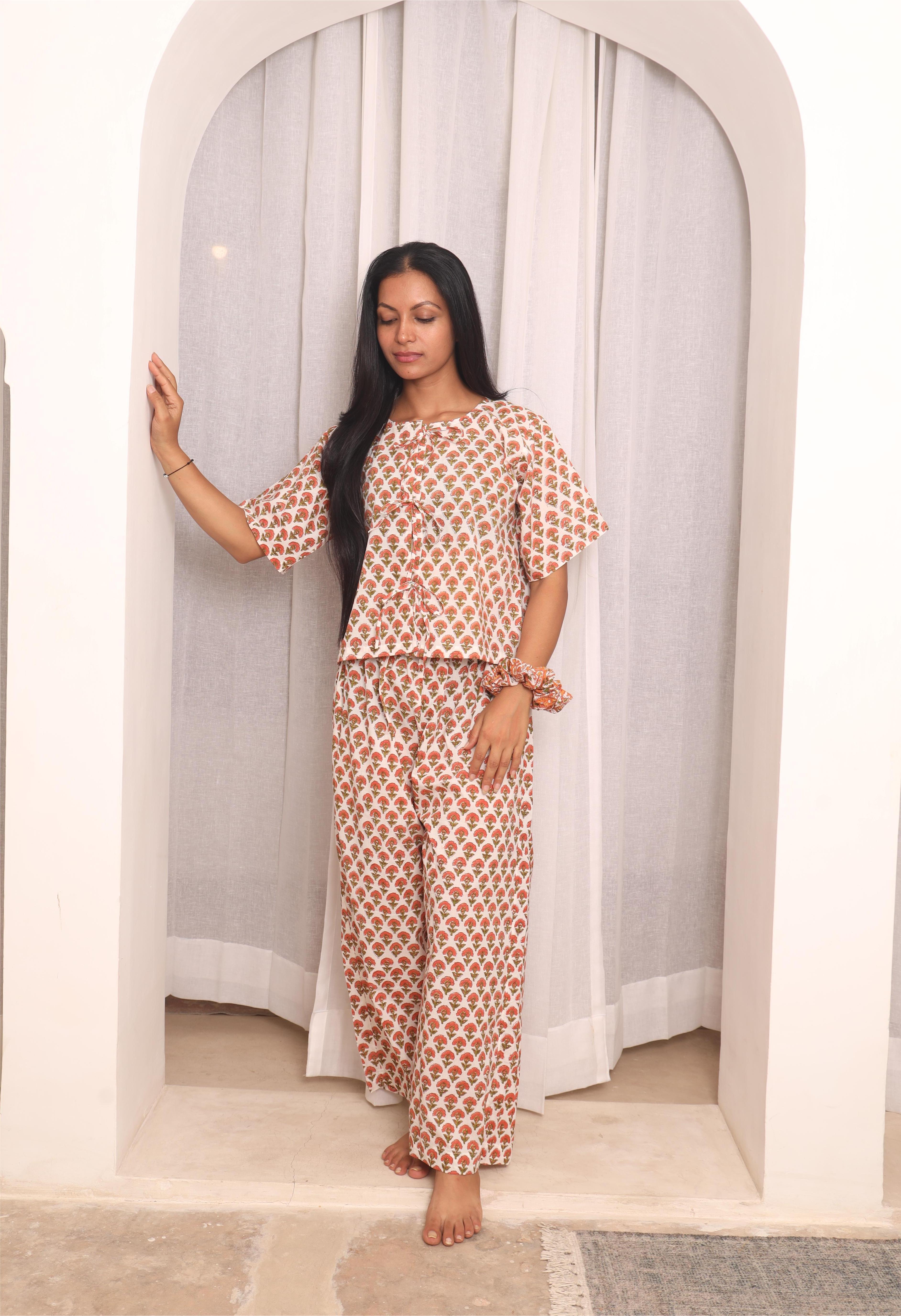 Premium Handblock Printed Cotton Pyjama Set for Women | Elegant Loungewear & Sleepwear