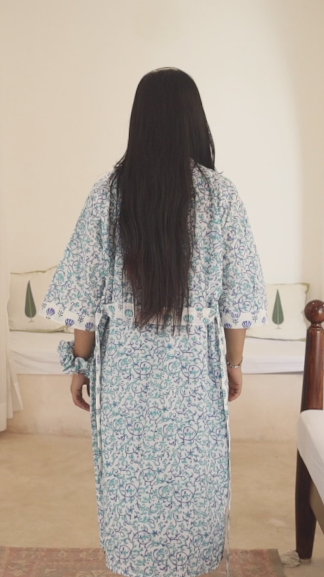 Aqua Bloom Handblock Cotton Robe for Women | Elegant Loungewear & Nightwear Layer